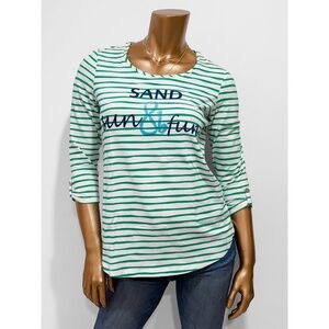 Zenergy by Chico's Green Striped Sand Sun & Fun Graphic Tee Top Size 0 (4/6) S